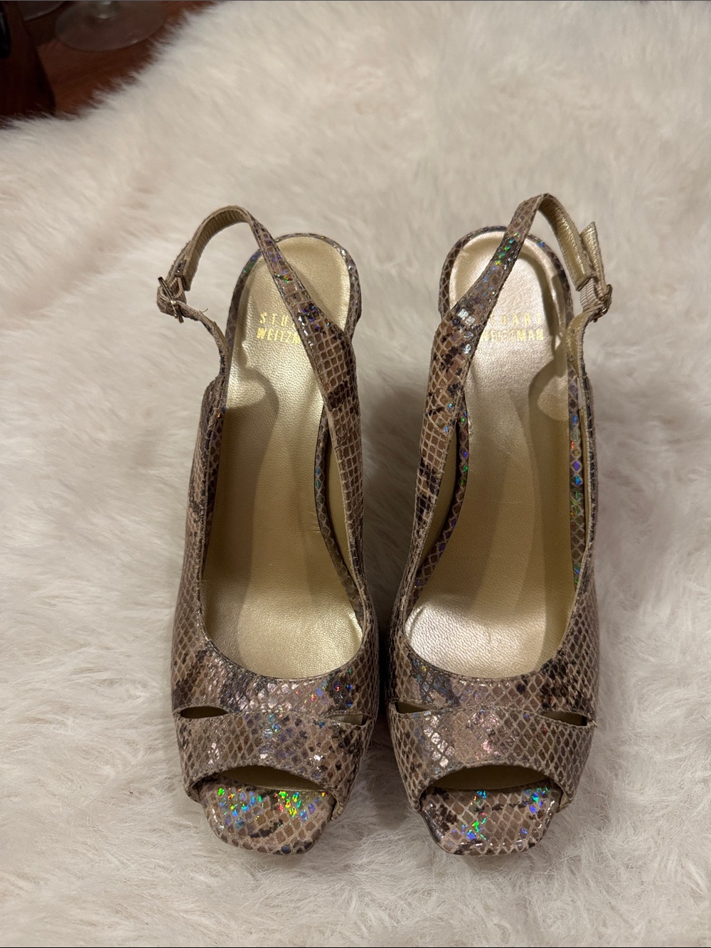 Stuart Weitzman Tan/Brown Holographic Slingback Peep-Toe Heels Size 8 pre-owned